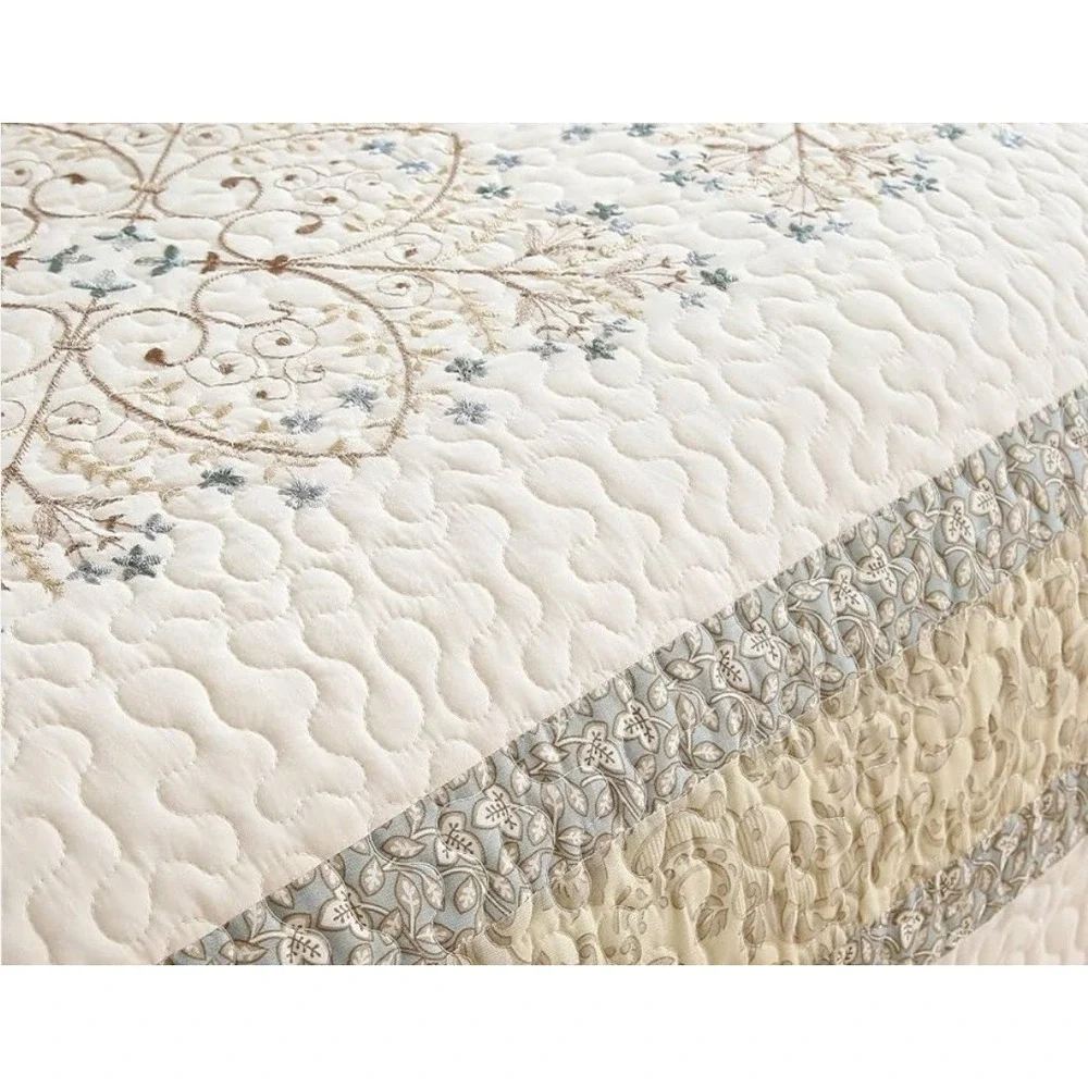 Home Classics Full Quilted Bed Cover Cream Blue Floral Embroidered 96x110 Cotton